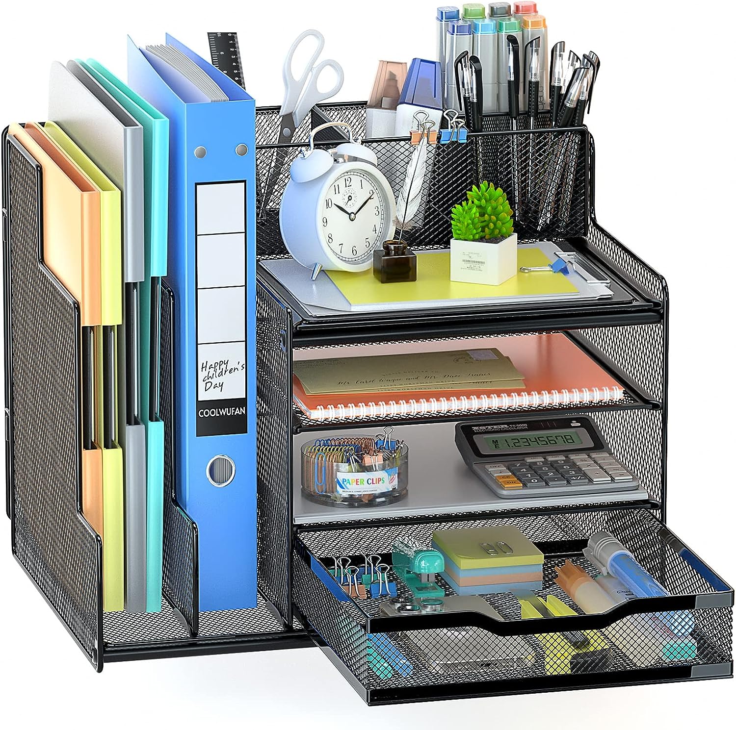 230816025121368_1 VIVSOL Desk Organizer with Mesh File Holder, 4-Tier Office Supplies Desk Organizers and Accessories with Sliding Drawers, 3 Trays & Pen Holder, Desk File Organizer and Storage for Office, School, Home - Image 1